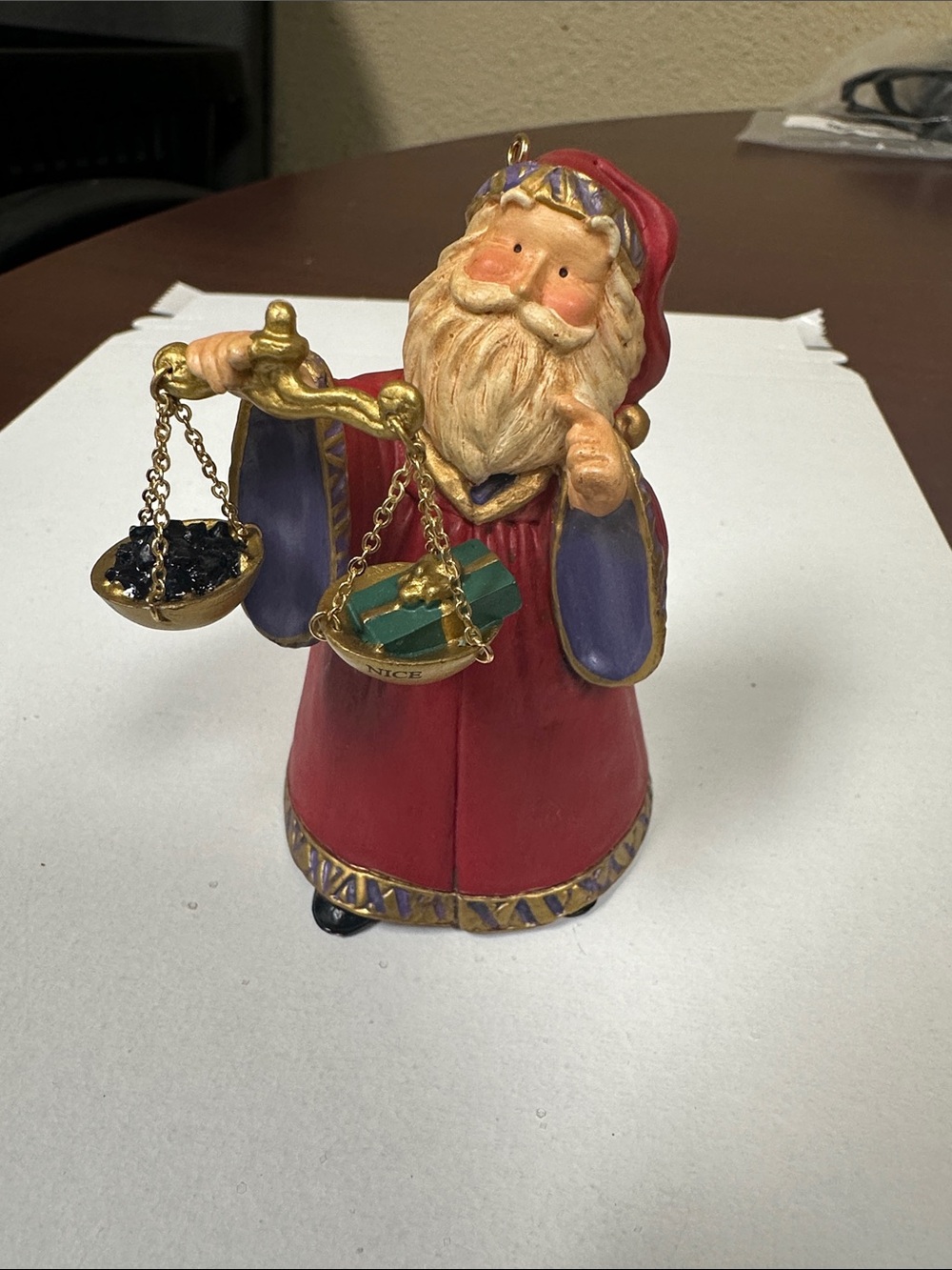 Hallmark Red and Gold Santa Holding Scales Ornament